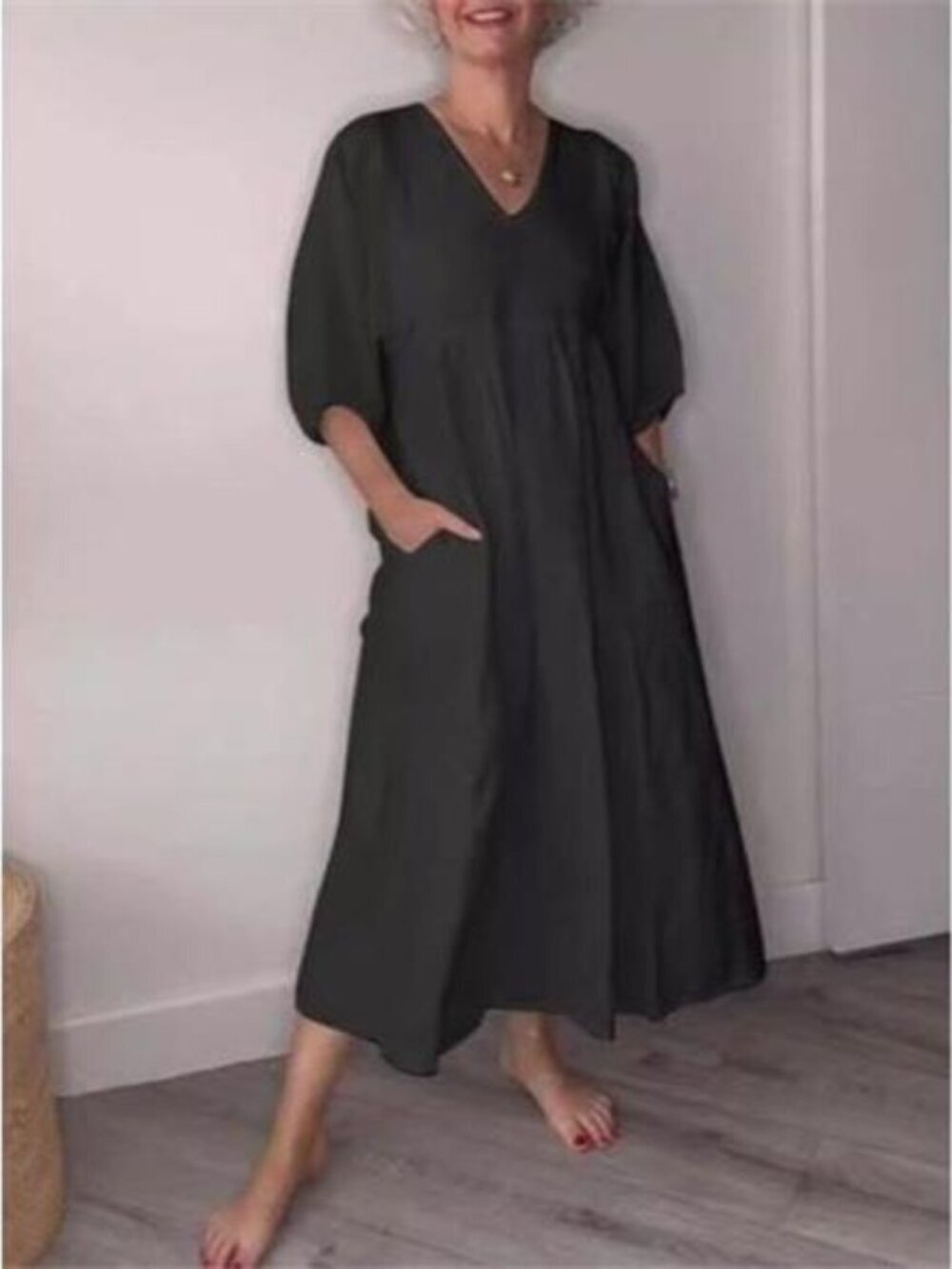 Full Size V-Neck Loose Fit Midi Dress with Pockets Plus Size